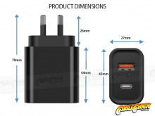 Dual Socket USB A+C Laptop USB Wall Charger (20W - BLACK) (Thumbnail )