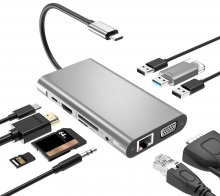 HUB 10 en 1: USB-C, audio, LAN, HDMI, VGA, SD, Micro SD, 3x USB 3.0